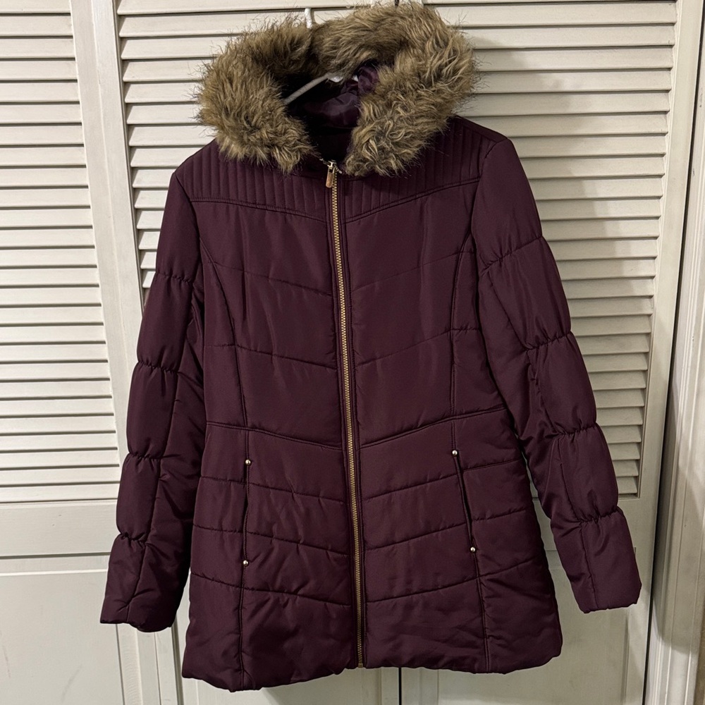 Celebrity Pink Maroon Puffer Jacket with Faux Fur Hood